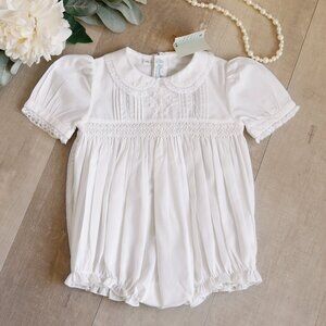 Feltman Brothers White Heirloom Wedding Romper Smocked Pin tuck Lace 12 Month